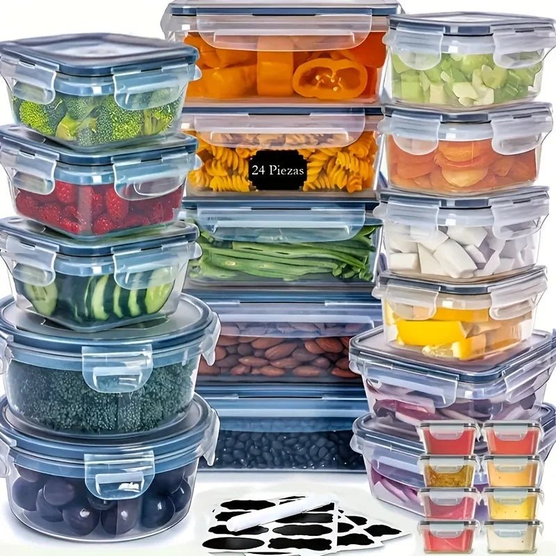 12/24 Clear Kitchen Food Storage Container Set - Microwave Safe, Multifunctional Plastic Lunch Box with Lid + 24 Chalkboard Labe - Creative Celebrations