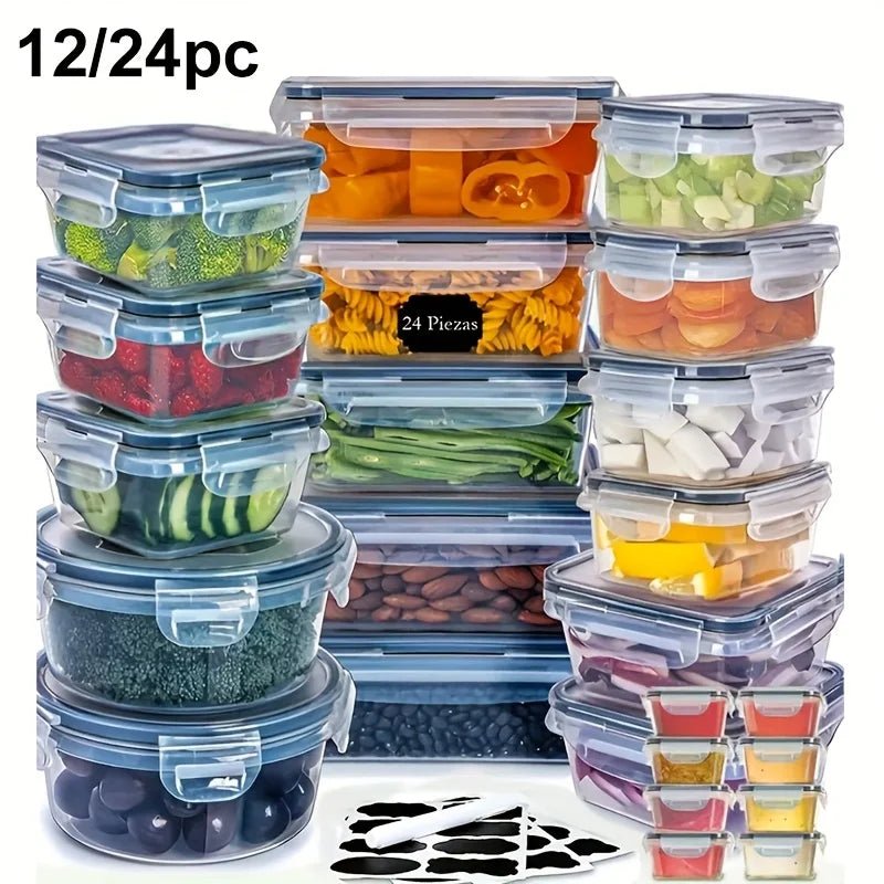 12/24 Clear Kitchen Food Storage Container Set - Microwave Safe, Multifunctional Plastic Lunch Box with Lid + 24 Chalkboard Labe - Creative Celebrations