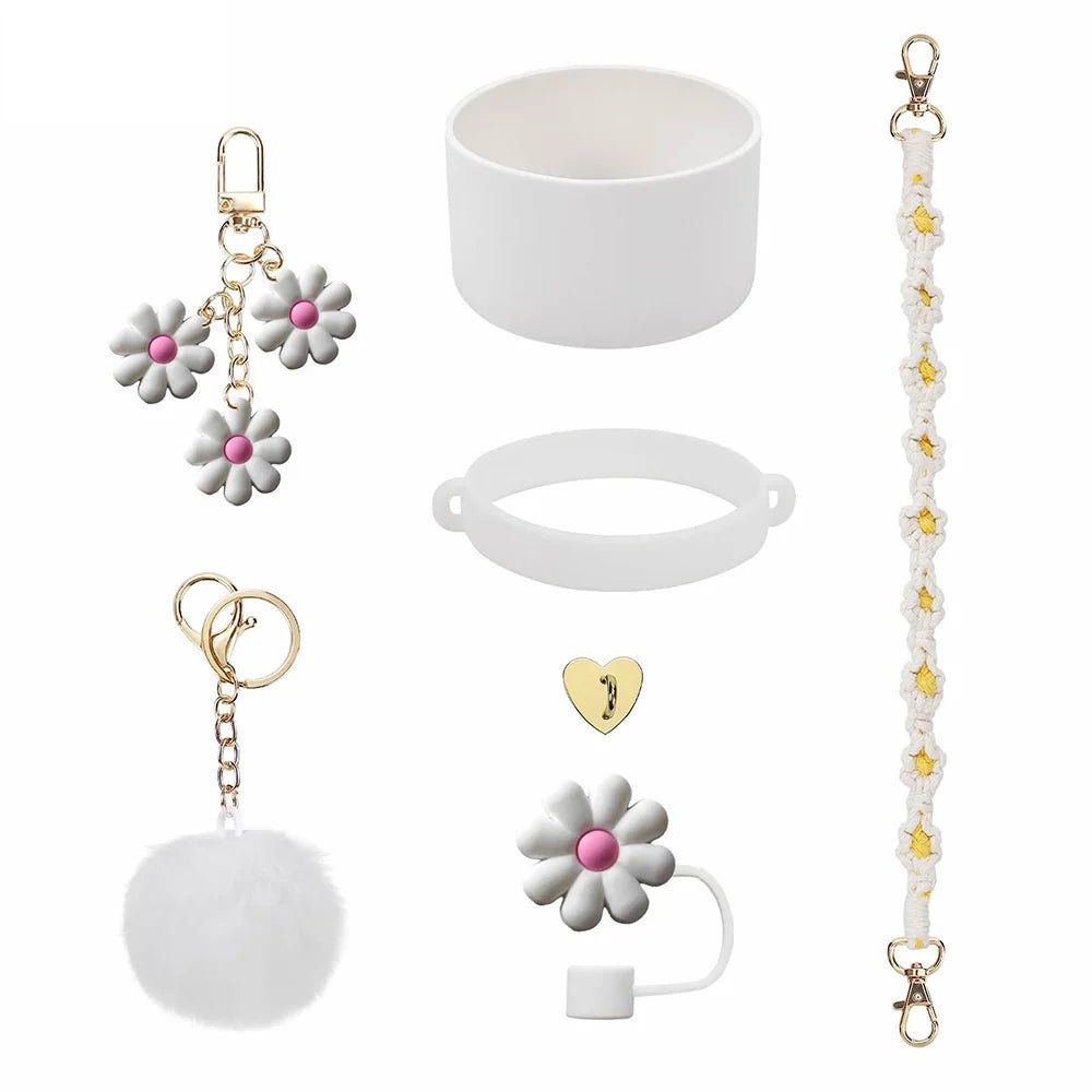 7pcs Cup Accessories Set includes Water Bottle Handle Strap, Siliocne Boots, Pom Charm Chain, Straw Cover Heart Hook for Stanley - Creative Celebrations