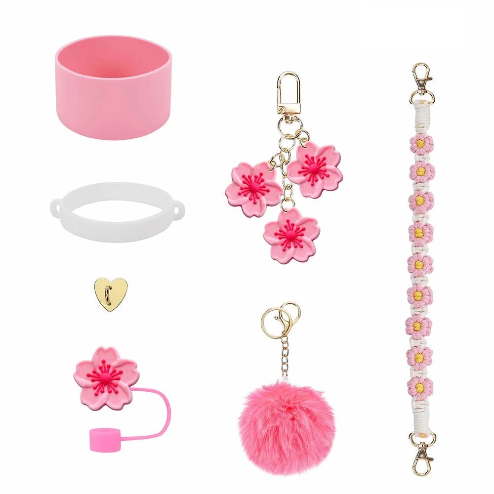 7pcs Cup Accessories Set includes Water Bottle Handle Strap, Siliocne Boots, Pom Charm Chain, Straw Cover Heart Hook for Stanley - Creative Celebrations