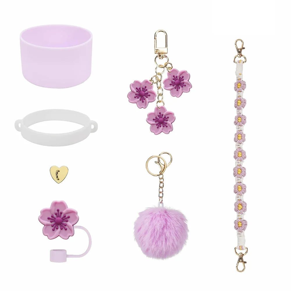 7pcs Cup Accessories Set includes Water Bottle Handle Strap, Siliocne Boots, Pom Charm Chain, Straw Cover Heart Hook for Stanley - Creative Celebrations