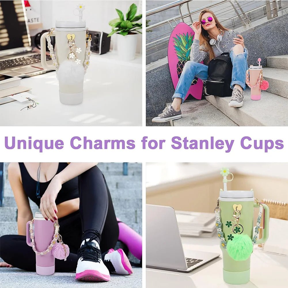 7pcs Cup Accessories Set includes Water Bottle Handle Strap, Siliocne Boots, Pom Charm Chain, Straw Cover Heart Hook for Stanley - Creative Celebrations