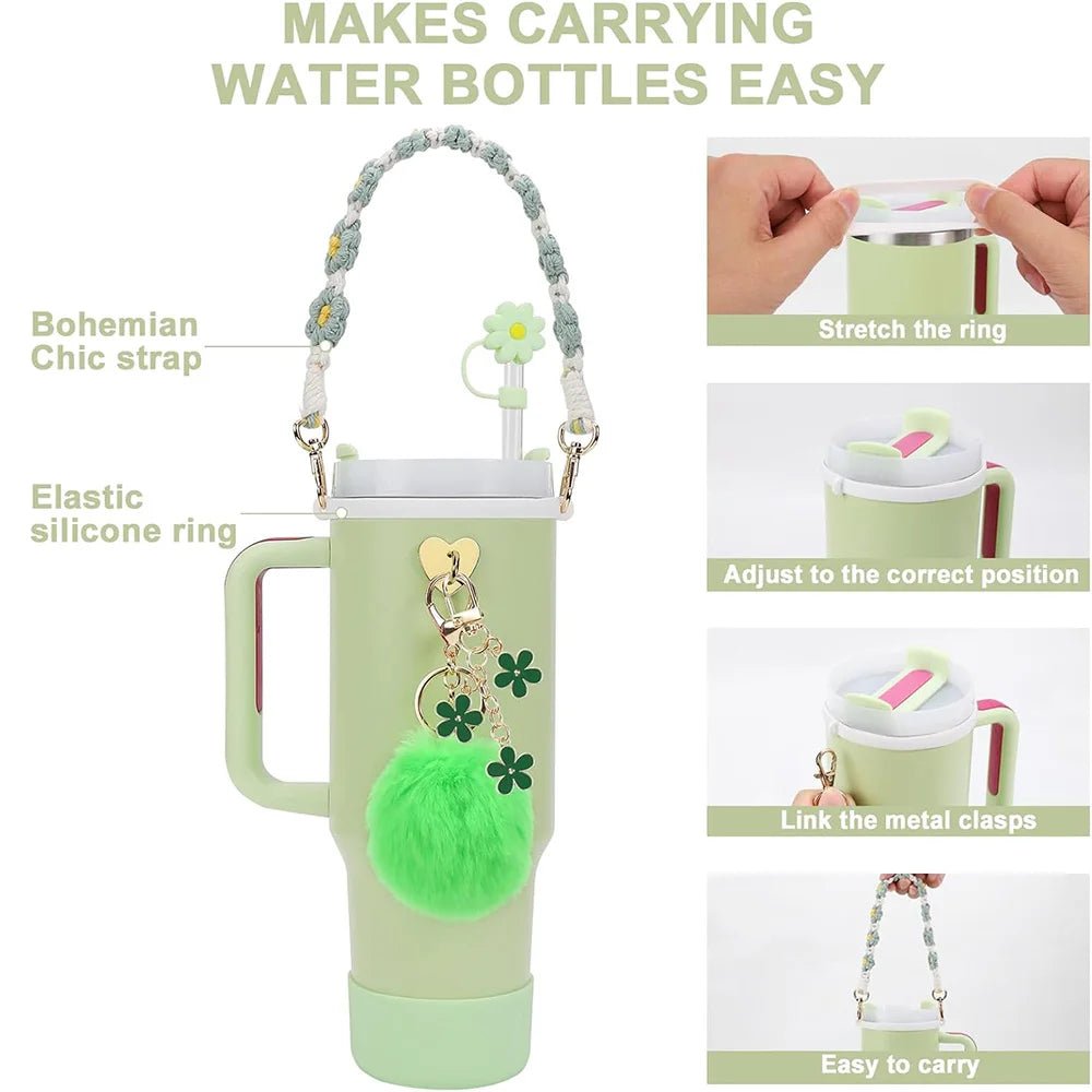 7pcs Cup Accessories Set includes Water Bottle Handle Strap, Siliocne Boots, Pom Charm Chain, Straw Cover Heart Hook for Stanley - Creative Celebrations
