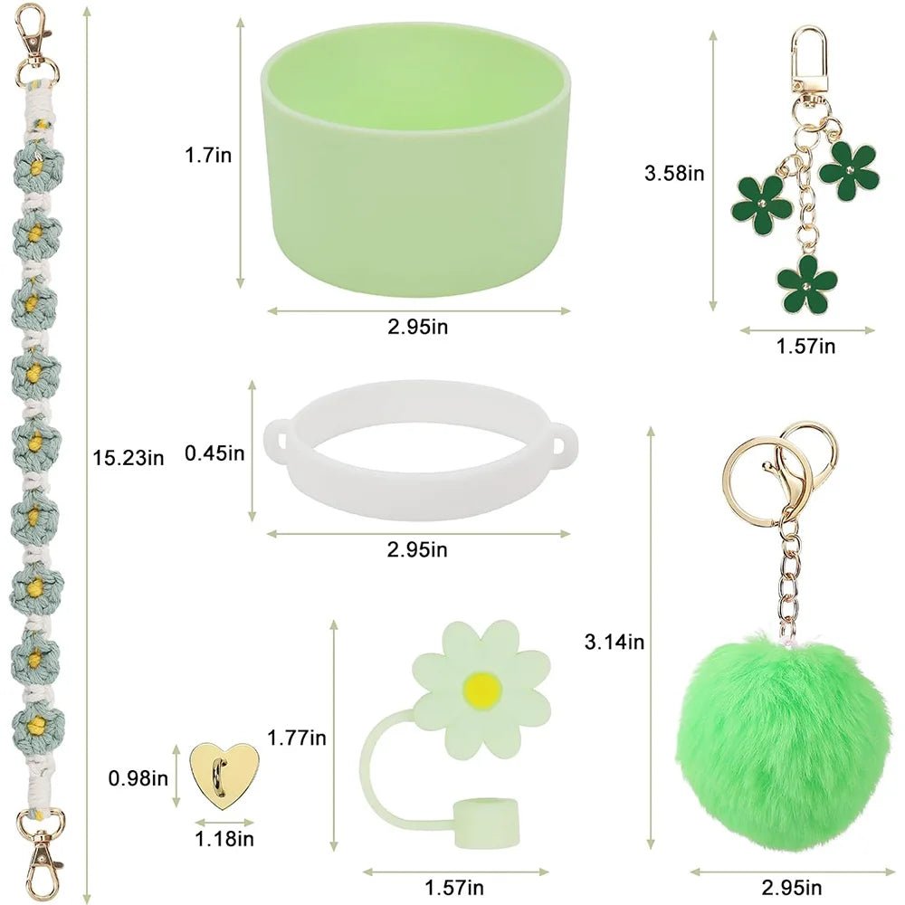 7pcs Cup Accessories Set includes Water Bottle Handle Strap, Siliocne Boots, Pom Charm Chain, Straw Cover Heart Hook for Stanley - Creative Celebrations