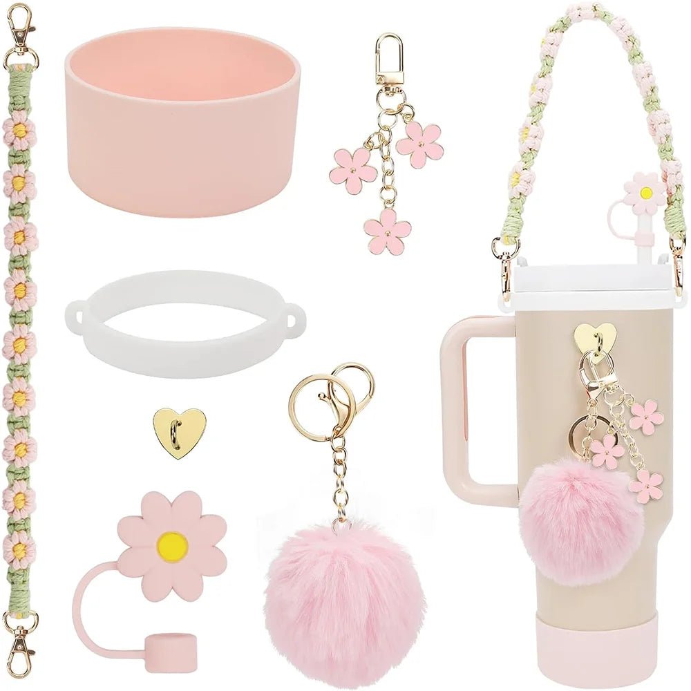 7pcs Cup Accessories Set includes Water Bottle Handle Strap, Siliocne Boots, Pom Charm Chain, Straw Cover Heart Hook for Stanley - Creative Celebrations