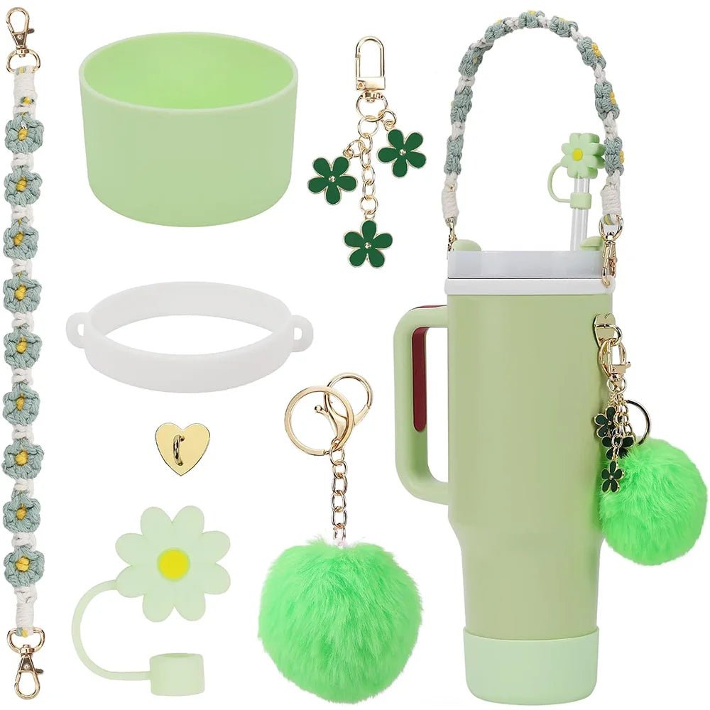 7pcs Cup Accessories Set includes Water Bottle Handle Strap, Siliocne Boots, Pom Charm Chain, Straw Cover Heart Hook for Stanley - Creative Celebrations