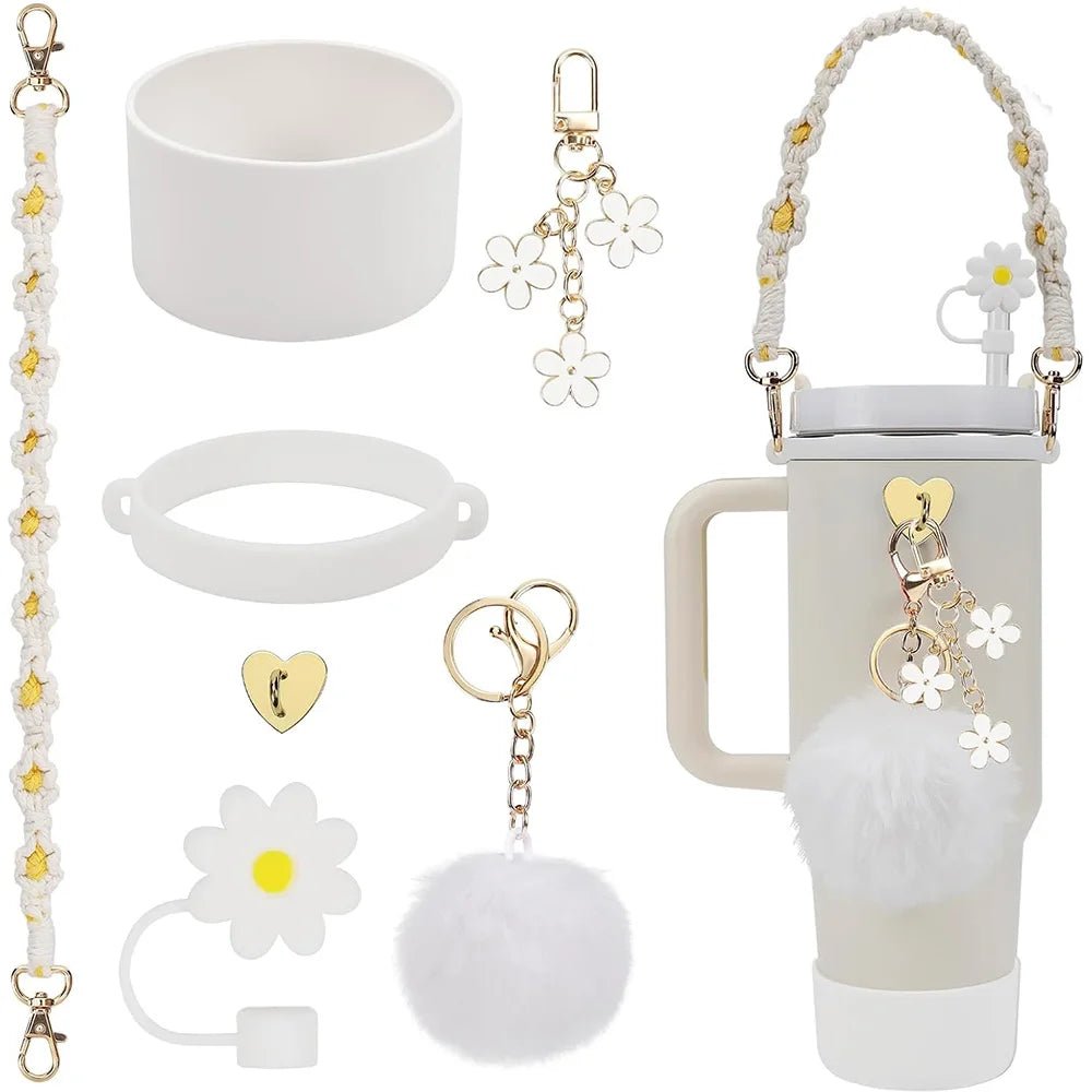 7pcs Cup Accessories Set includes Water Bottle Handle Strap, Siliocne Boots, Pom Charm Chain, Straw Cover Heart Hook for Stanley - Creative Celebrations