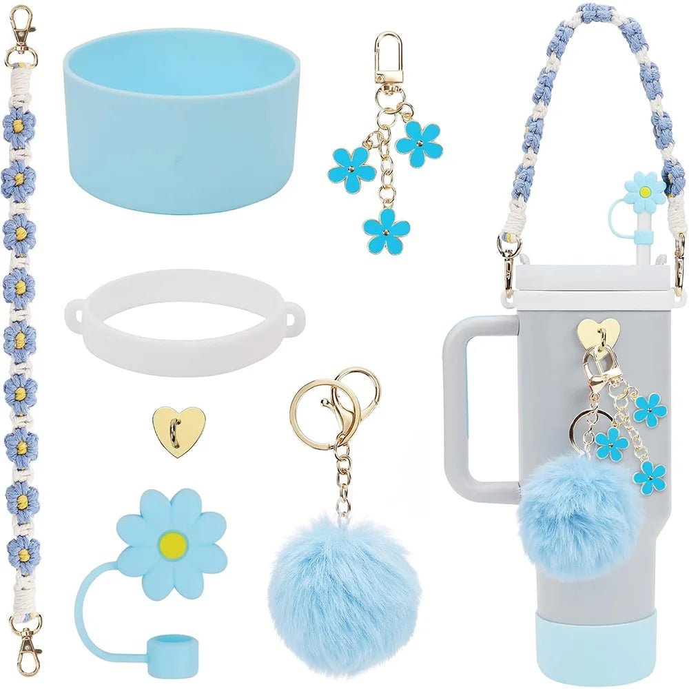 7pcs Cup Accessories Set includes Water Bottle Handle Strap, Siliocne Boots, Pom Charm Chain, Straw Cover Heart Hook for Stanley - Creative Celebrations