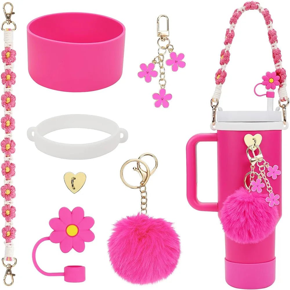 7pcs Cup Accessories Set includes Water Bottle Handle Strap, Siliocne Boots, Pom Charm Chain, Straw Cover Heart Hook for Stanley - Creative Celebrations