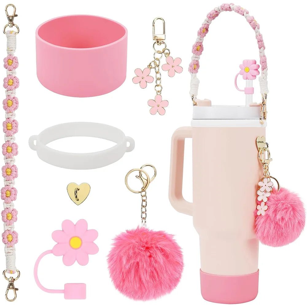 7pcs Cup Accessories Set includes Water Bottle Handle Strap, Siliocne Boots, Pom Charm Chain, Straw Cover Heart Hook for Stanley - Creative Celebrations