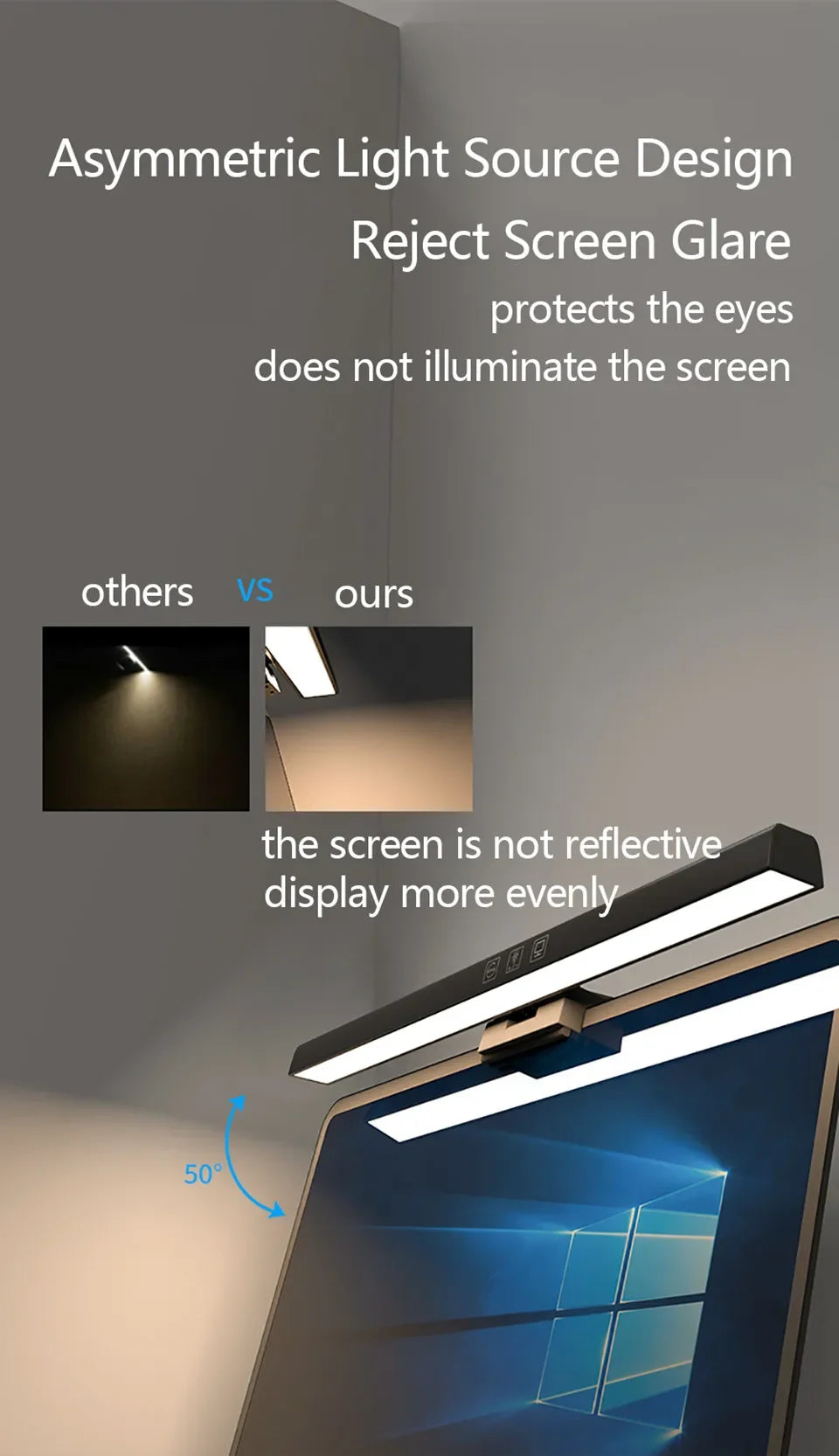 Eye-Care Desk Lamp 50/33cm LED Computer PC Monitor Screen Light Bar Stepless Dimming Reading USB Powered Hanging Table Lamp