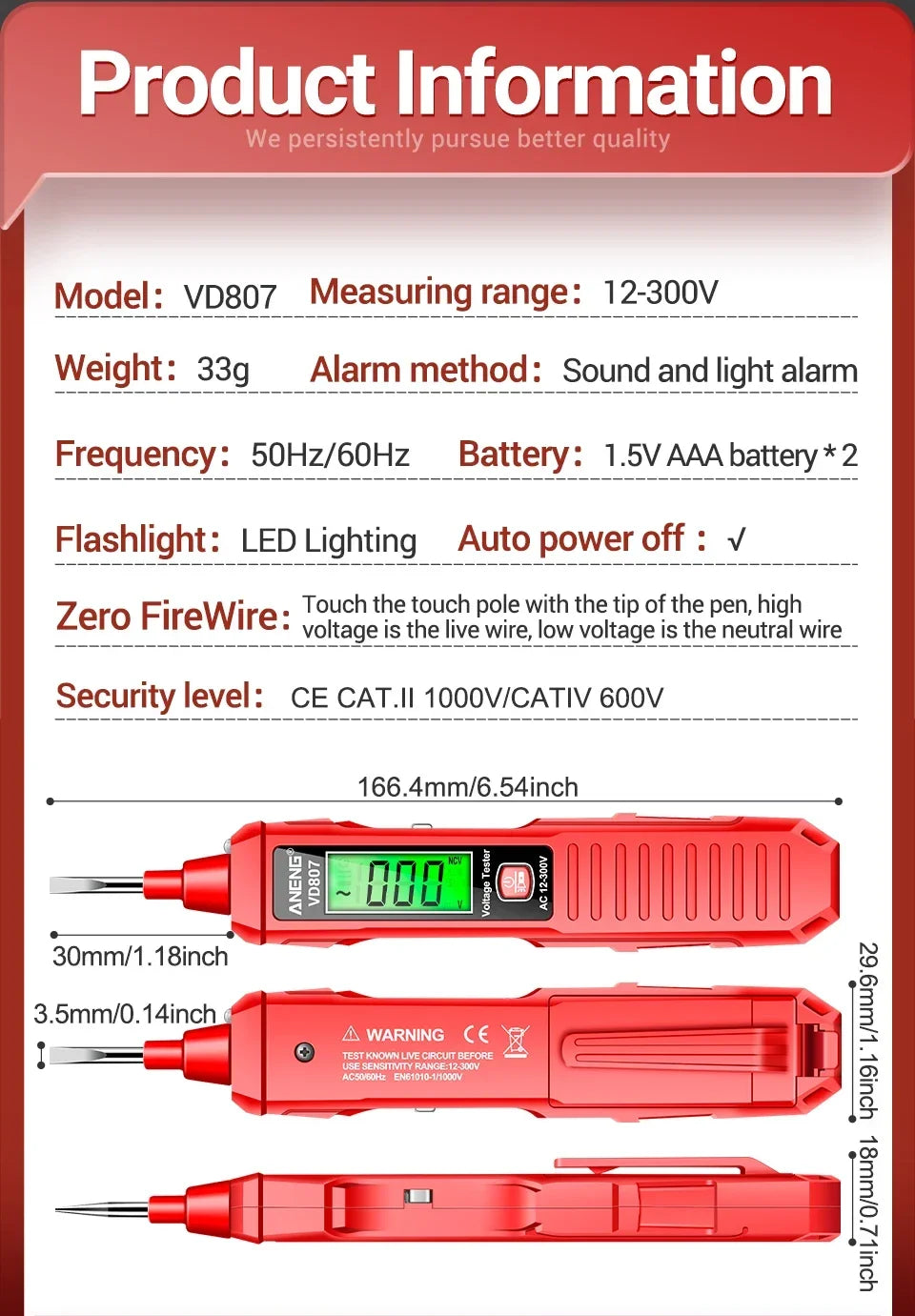ANENG VD807 12-300V Voltage Detector Smart Electric Pen Sound & Light Alarm Non-Contact Voltage Zero Fire Wire Tester Pen Meter