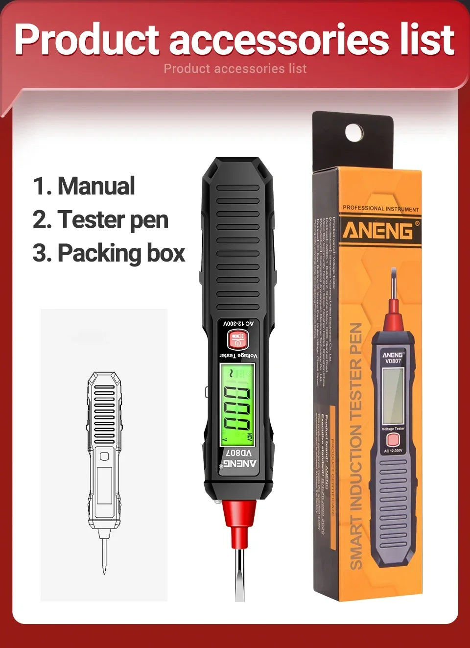 ANENG VD807 12-300V Voltage Detector Smart Electric Pen Sound & Light Alarm Non-Contact Voltage Zero Fire Wire Tester Pen Meter
