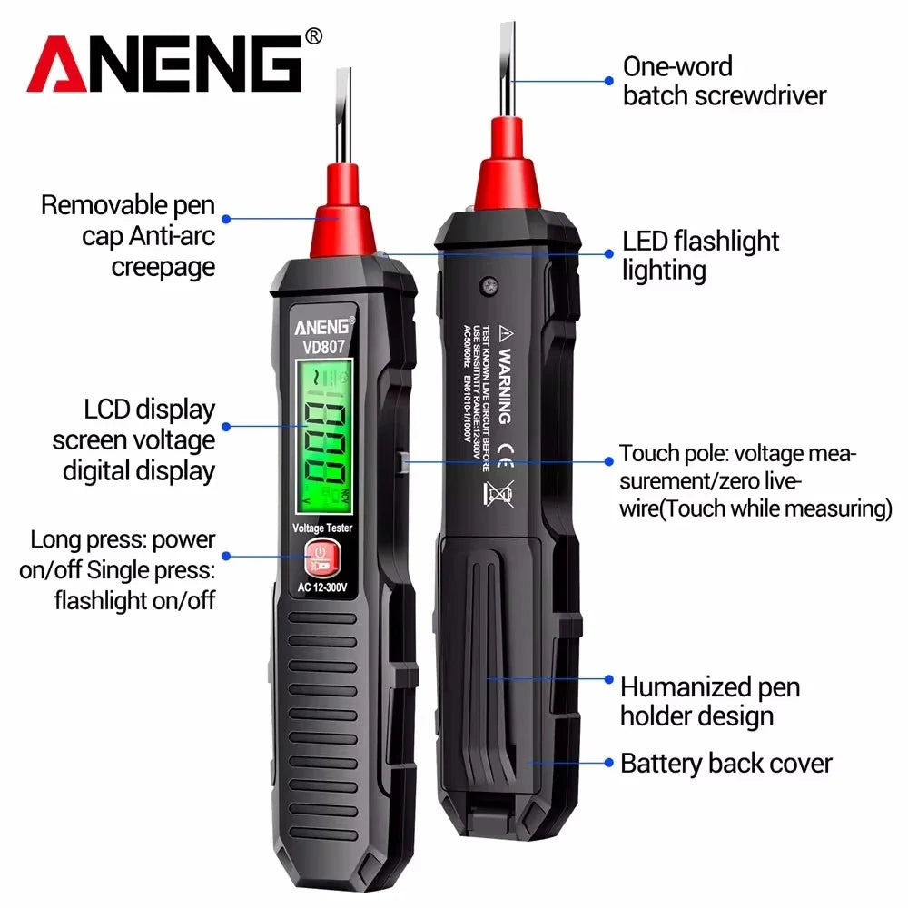 ANENG VD807 12-300V Voltage Detector Smart Electric Pen Sound & Light Alarm Non-Contact Voltage Zero Fire Wire Tester Pen Meter