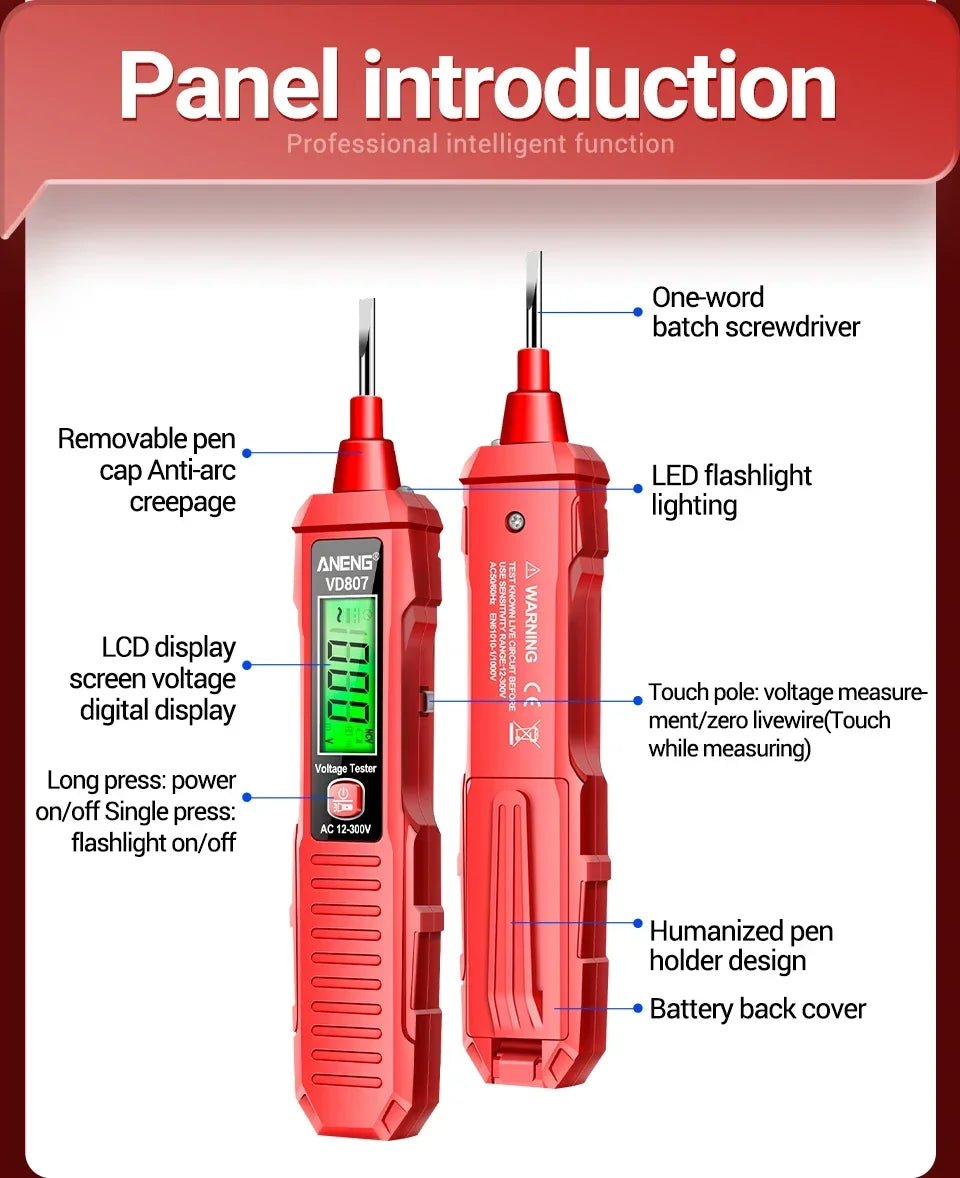 ANENG VD807 12 - 300V Voltage Detector Smart Electric Pen Sound & Light Alarm Non - Contact Voltage Zero Fire Wire Tester Pen Meter - Creative Celebrations
