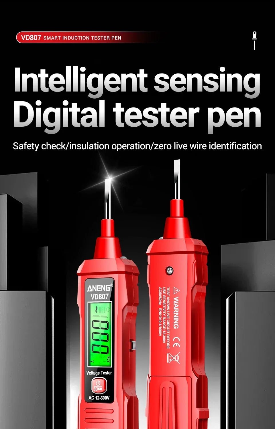 ANENG VD807 12 - 300V Voltage Detector Smart Electric Pen Sound & Light Alarm Non - Contact Voltage Zero Fire Wire Tester Pen Meter - Creative Celebrations