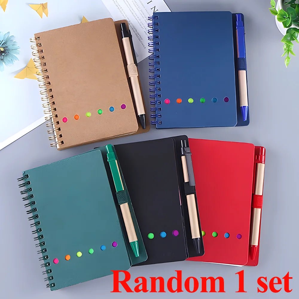 Retro Spiral Notebooks with Pen Planner Sticky Note Memo Pad Notepad Writing Stationery Agenda Business Small Pocket Book Marker - Creative Celebrations