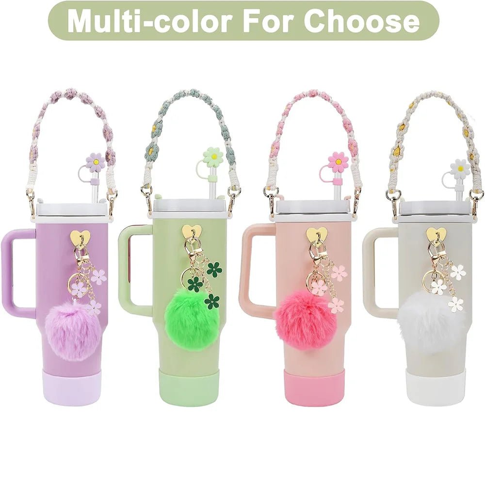 7pcs Cup Accessories Set includes Water Bottle Handle Strap, Siliocne Boots, Pom Charm Chain, Straw Cover Heart Hook for Stanley - Creative Celebrations