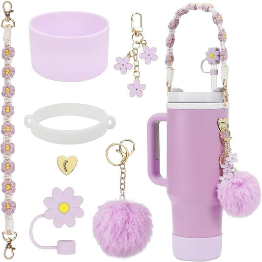 7pcs Cup Accessories Set includes Water Bottle Handle Strap, Siliocne Boots, Pom Charm Chain, Straw Cover Heart Hook for Stanley - Creative Celebrations